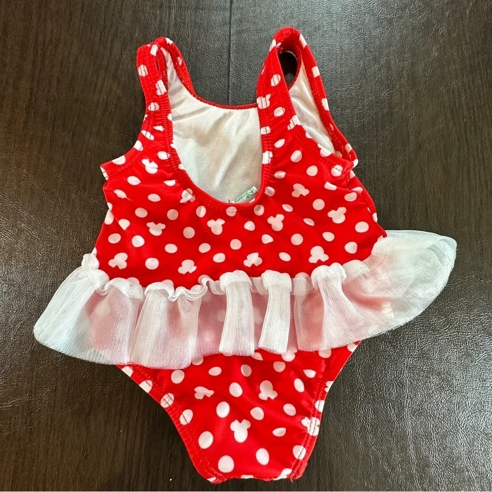 Disney Baby Red And White Minnie Mouse Ruffle Tutu Swimsuit Sz 6/9 Months